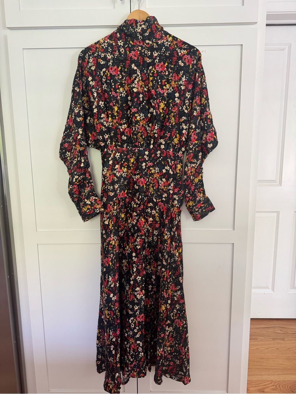 Something Navy Black Floral Long Sleeve Maxi Dress with Red & Yellow Accents M